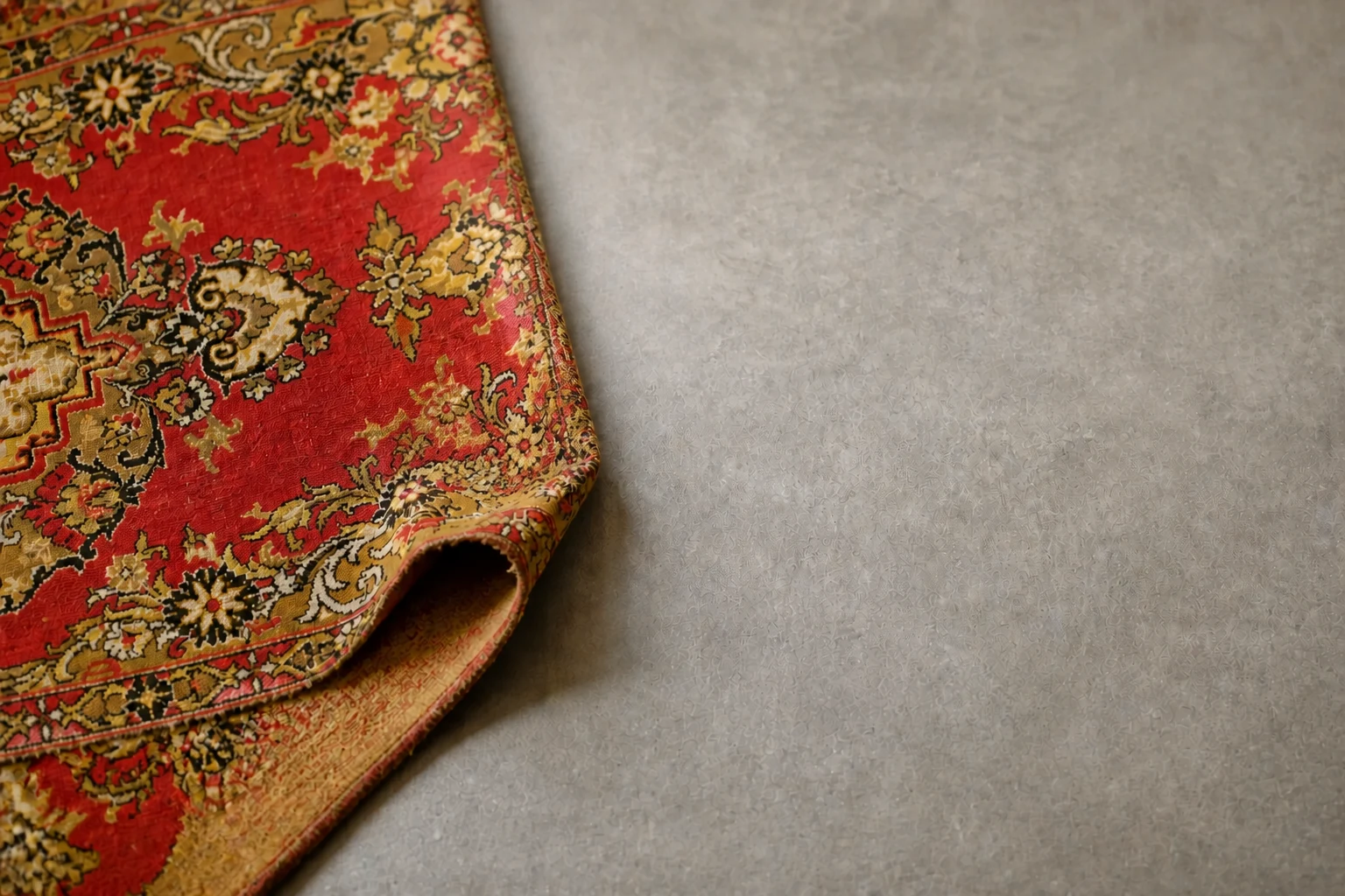 A worn household carpet curling across a quiet grey floor