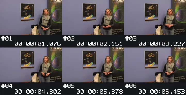 Six timestamped frames sampled across the interview